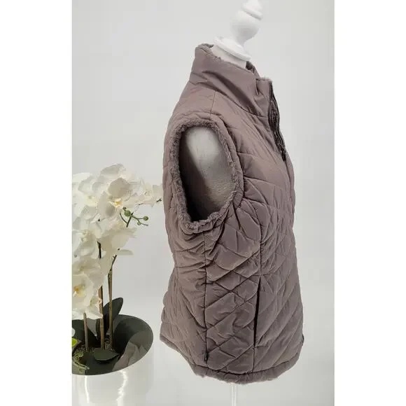 NWT Free Country Taupe Quilted Faux Fur Reversible Zip Puffer Vest Size L - Picture 5 of 13